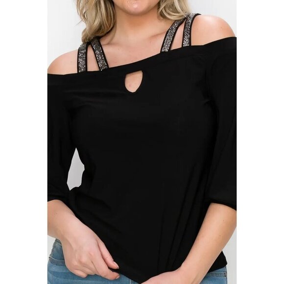 Embellishment Double Straps Keyhole Cold Shoulder Blouse - Picture 3 of 9